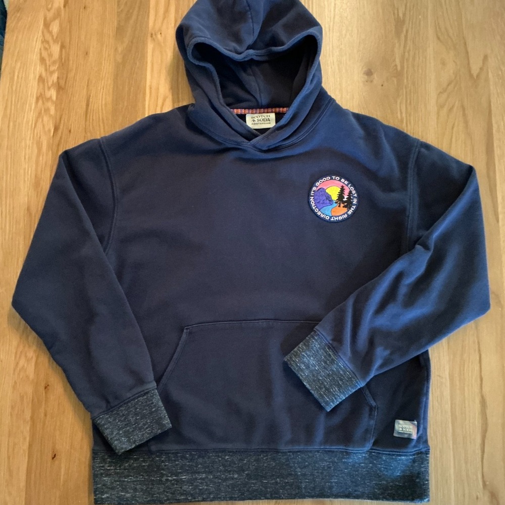 Scotch & Soda Hoodie Mens Large Navy Graphic Patch Pullover Cotton Sweatshirt